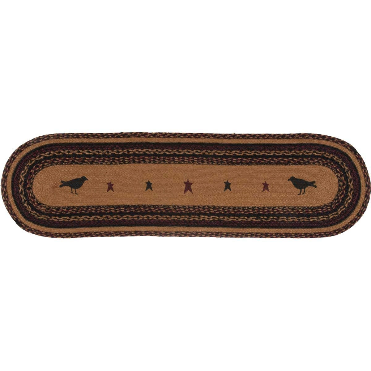 Braided Jute Oval Table Runner 13" x 48" Primitive Crow Star Colonial Folk Art – detail view
