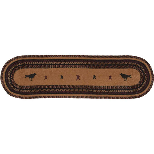 Braided Jute Oval Table Runner 13" x 48" Primitive Crow Star Colonial Folk Art – detail view