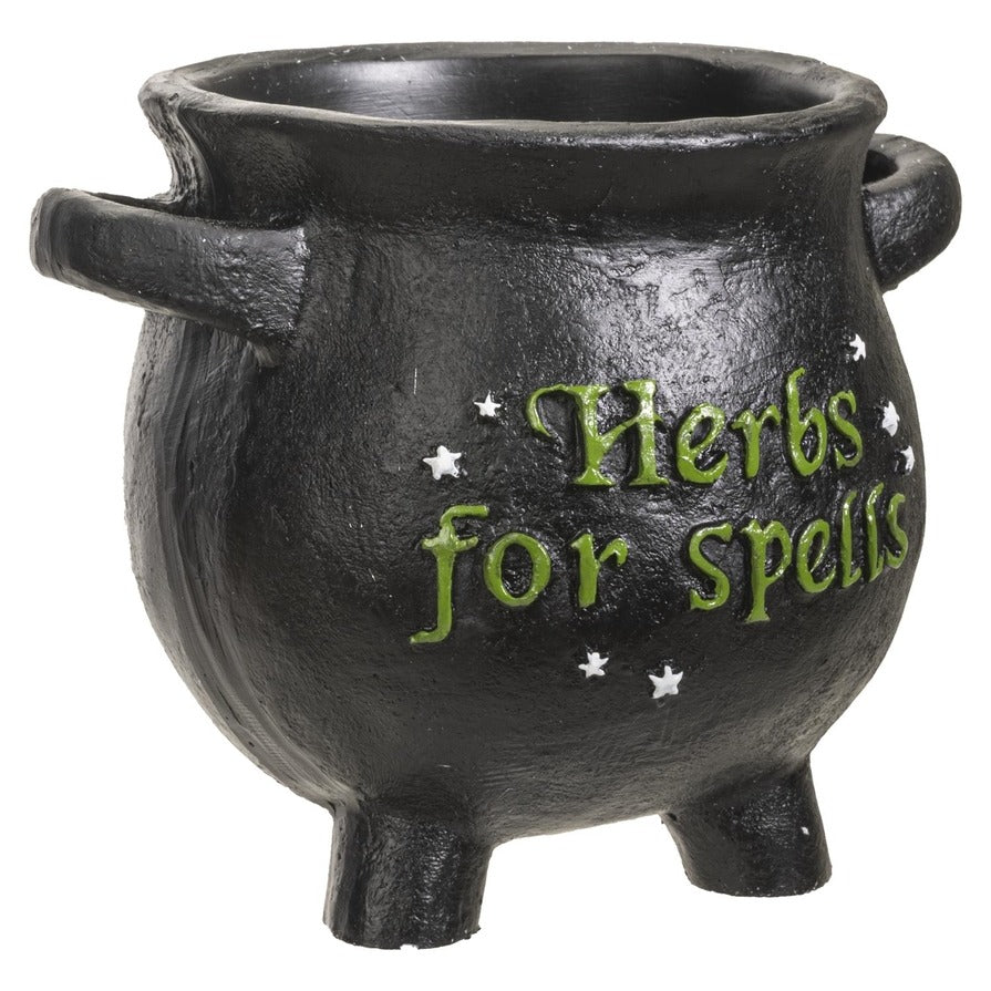 Herbs For Spells Small Witches Cauldron Plant Pot, Black Cold Resin Planter