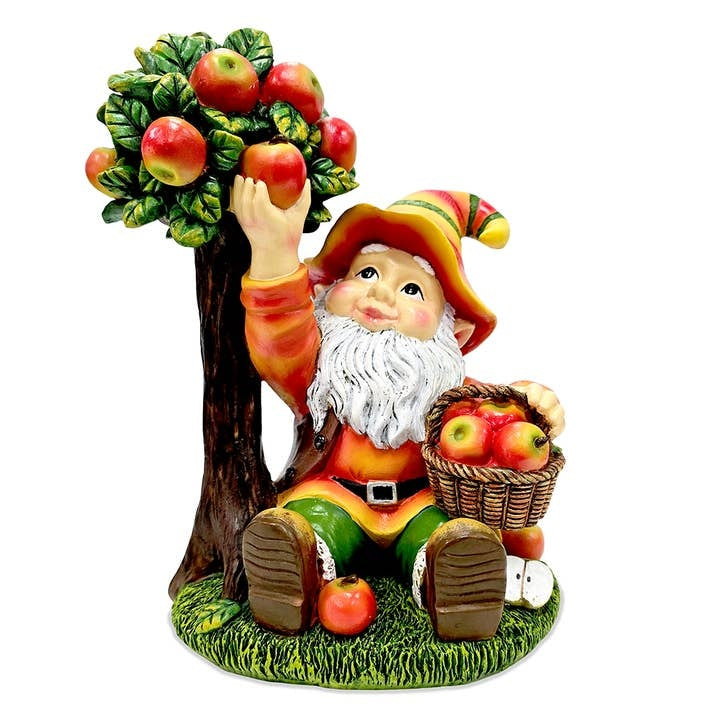 Johnny Apple Gnome Garden Statue, 8.5" Orchid Picker Whimsical Dwarf Figurine