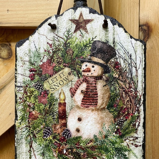 Folk Art Winter Snowman Hanging Slate Welcome Sign for Christmas Wall & Door Decor – detail view