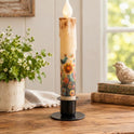 Primitive Folk Art Birds & Flowers 7" Timer Taper Candle and Black Metal Holder