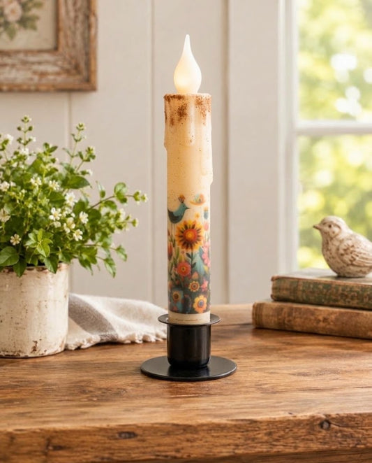 Primitive Folk Art Birds & Flowers 7" Timer Taper Candle and Black Metal Holder