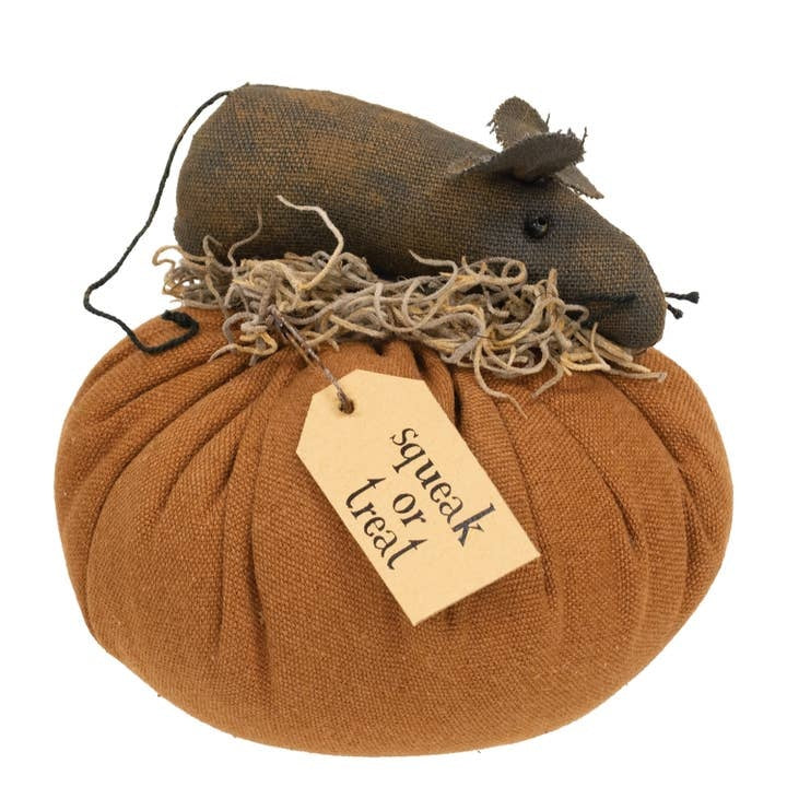 Primitive Fabric Halloween Small Squeak or Treat Mouse On Pumpkin - 4.5"H