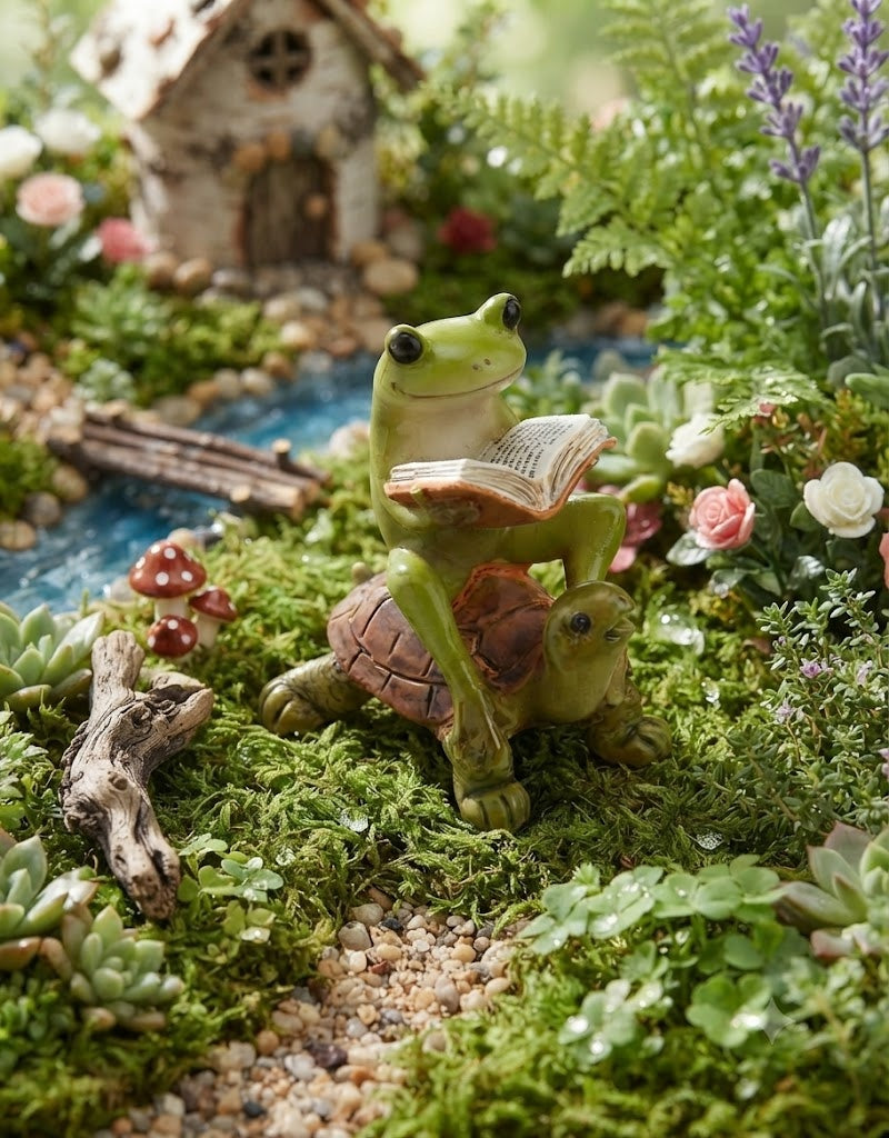 Miniature 2" Fairy Garden & Terrarium Frog Reading Book on Turtle Statue