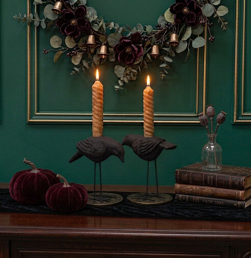 Metal Black Crow Taper Candle Holder Pair, Halloween & Fall Table Decor