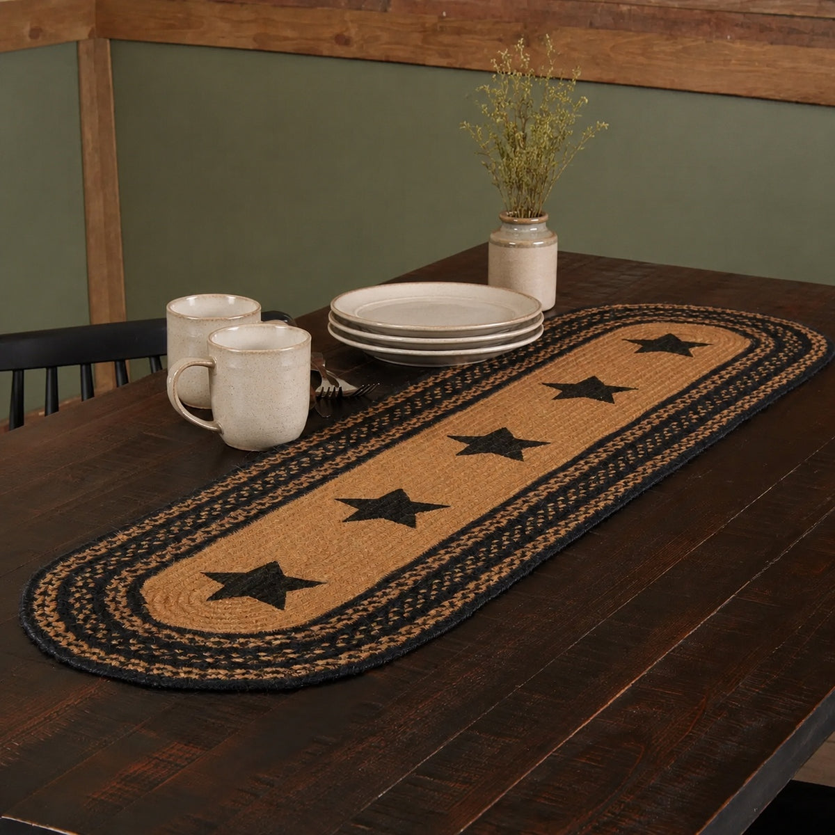 Braided Jute Oval Table Runner 13" x 48" Primitive Black Star Colonial Folk Art