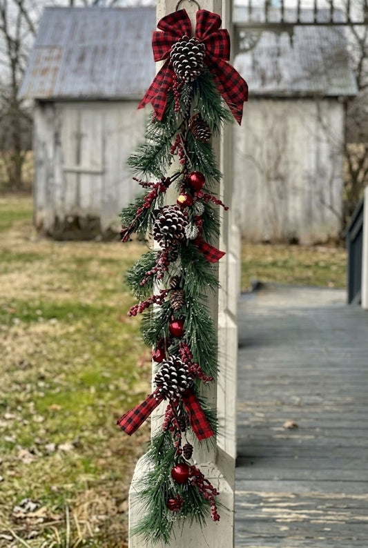 48" Frosted Pine Christmas Swag Garland with Plaid Bows, Berries & Pinecones