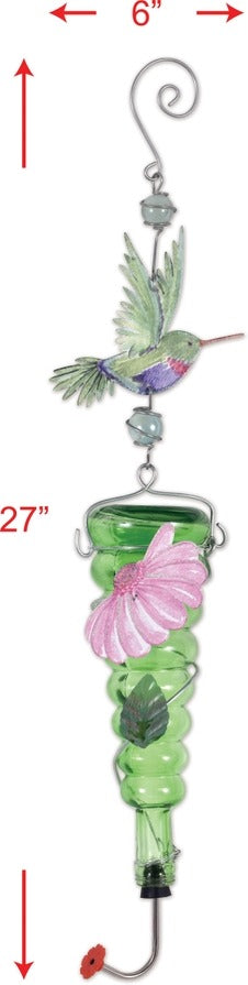 Painted Gardens Metal and Glass 27" Decorative Green Hummingbird Feeder