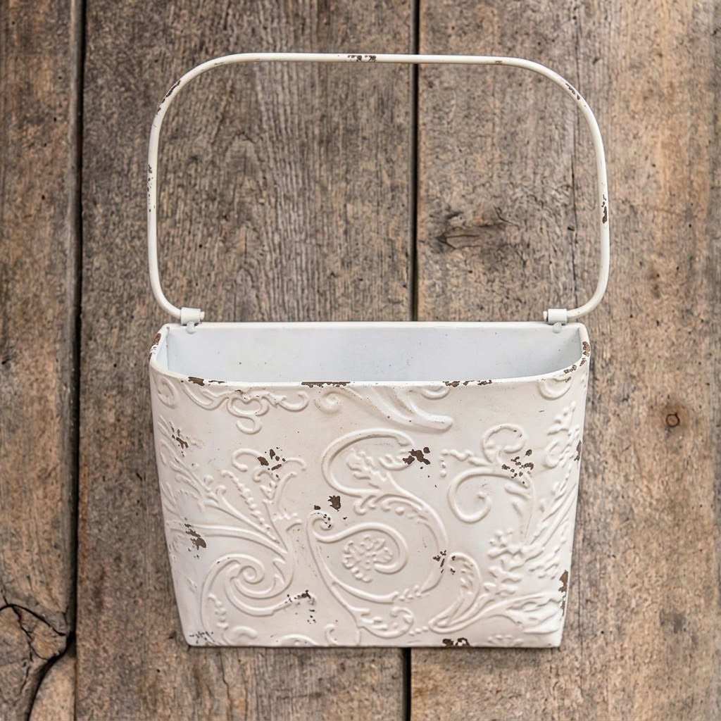 Embossed French Country Metal Wall Pocket Planter, Hanging Distressed Tin Basket