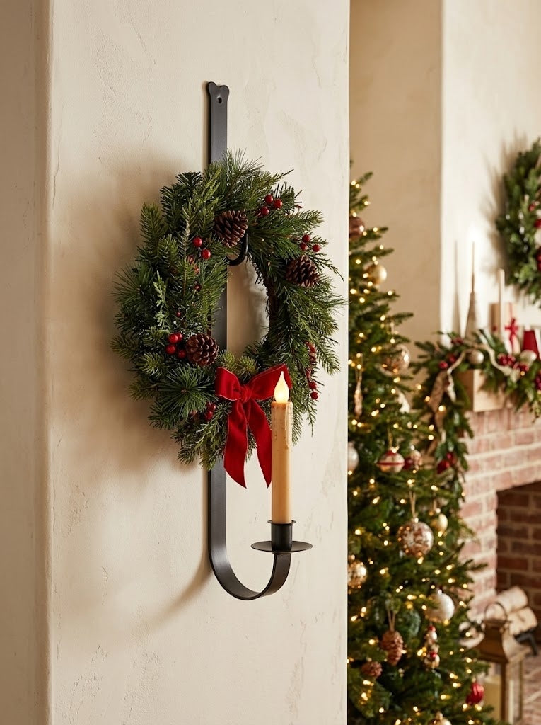 Black Iron 18" Wall Mount Hand-Crafted Holiday Wreath & Taper Candle Holder