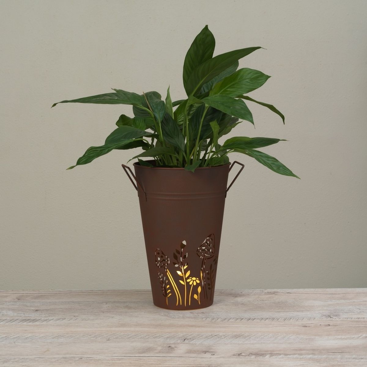 Large Metal Brown Mushroom and Floral Cut Out Botanical 11" Planter