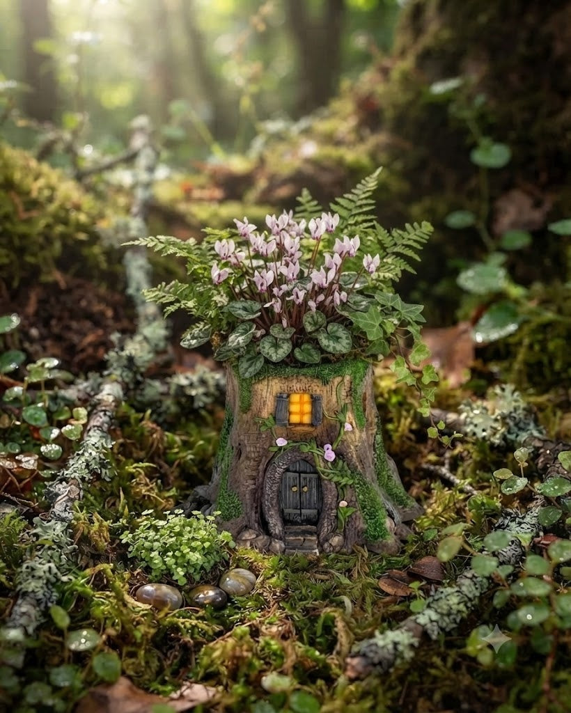 Rustic Tree Stump House Miniature Planter, Fairy Garden, Log Cabin Flower Pot