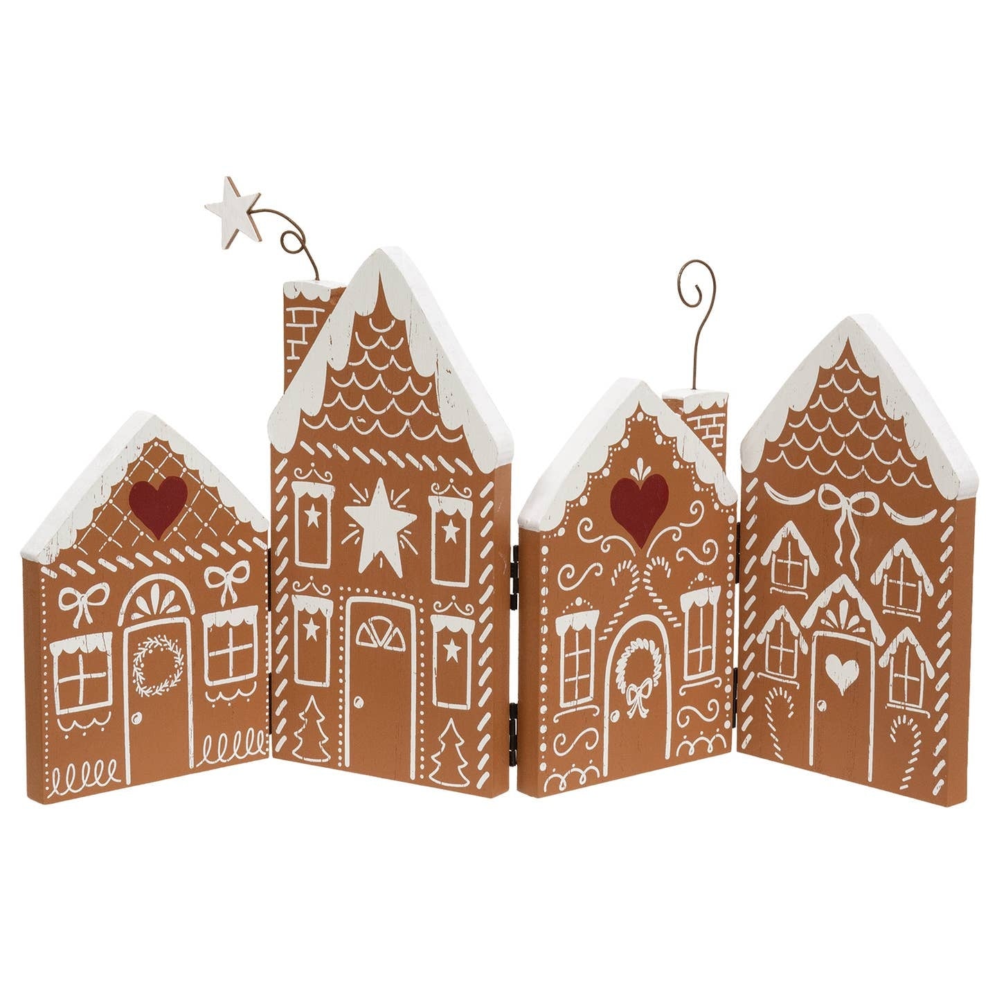 Holiday Wooden Gingerbread Village Set, Hinged Houses & 2 Gingerbread Figurines