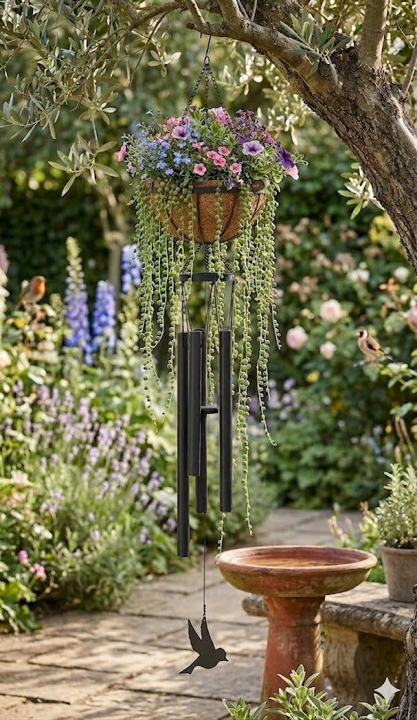Bird Motif Metal Wind Chime with 7" Coco Mat Round Planter, 35.8"
