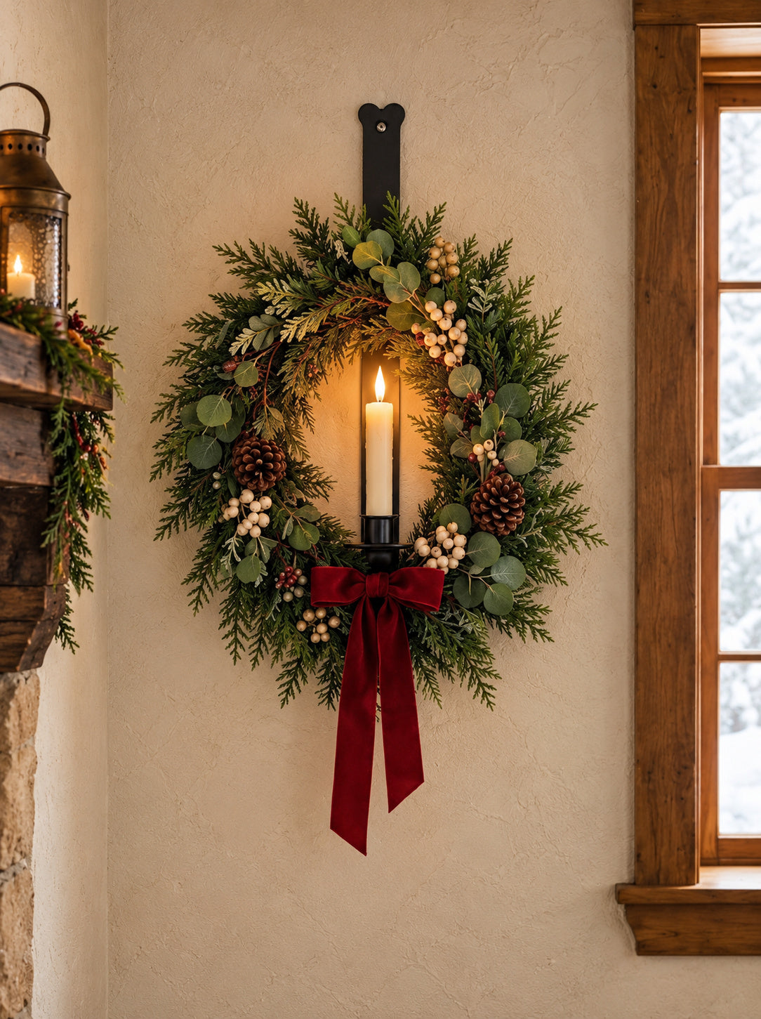Black Iron 18" Wall Mount Hand-Crafted Holiday Wreath & Taper Candle Holder