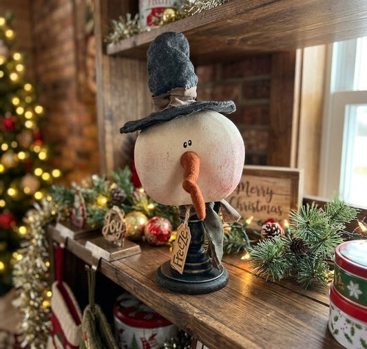 Freeze The Primitive Snowman On Distressed Black Spindle, Holiday & Winter Decor