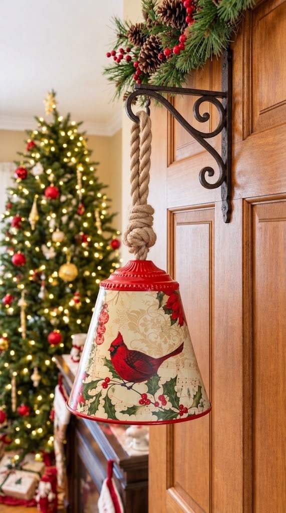 Holiday Cardinal Bell Decor with Jute Rope Hanger, Musical Notes & Poinsettias