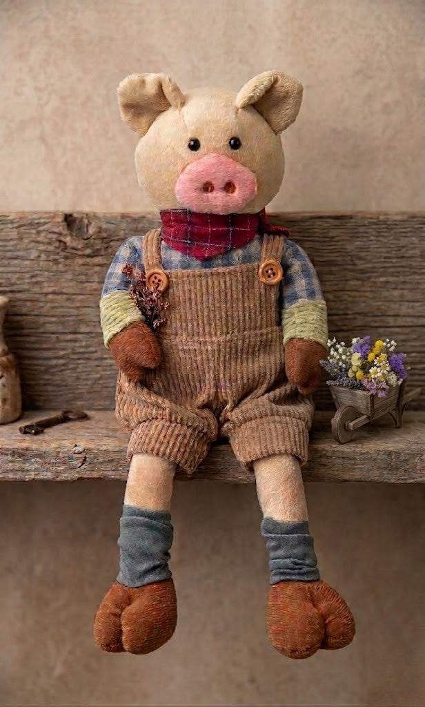 Barnyard Farmhouse Friends Dangle Legs Pig 12" Plush Fabric Shelf Sitter