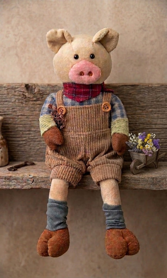 Barnyard Farmhouse Friends Dangle Legs Pig 12" Plush Fabric Shelf Sitter