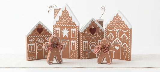 Holiday Wooden Gingerbread Village Set, Hinged Houses & 2 Gingerbread Figurines