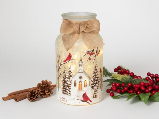 Lighted Frosted Glass Winter Luminary Jar , Church and Cardinals Holiday Decor
