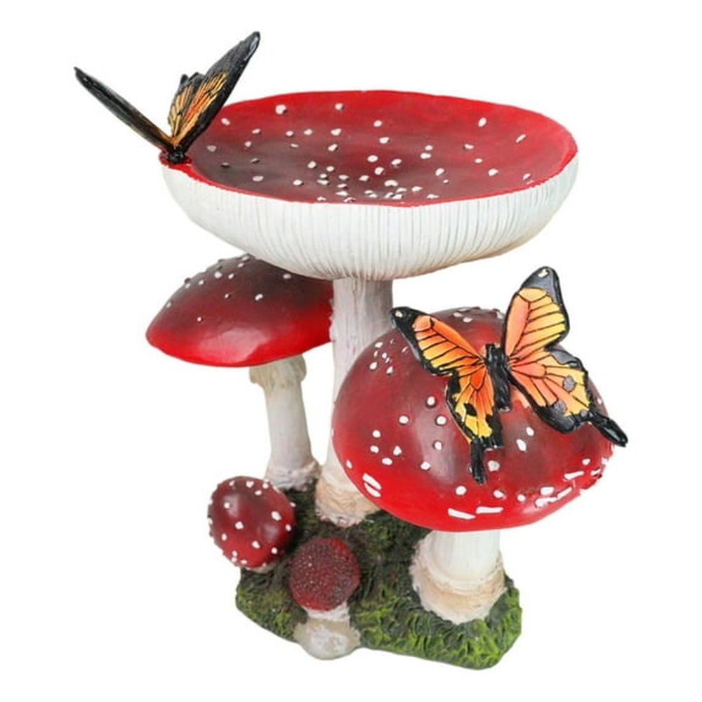Whimsical 9" Red Toadstool Mushroom Garden Figurine with Monarch Butterflies