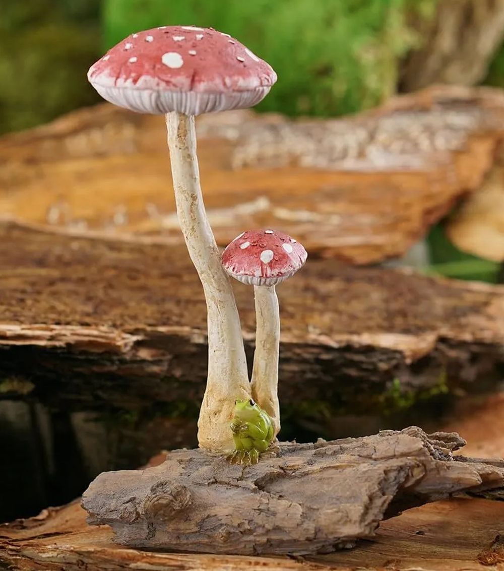 Whimsical Light Red Polka Dot Mushrooms & Frog Fairy Garden Miniature Figurine