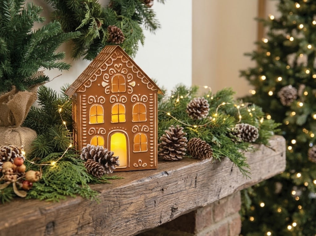 Gingerbread House Large 12" Metal Luminary - Christmas Village Holiday Decor