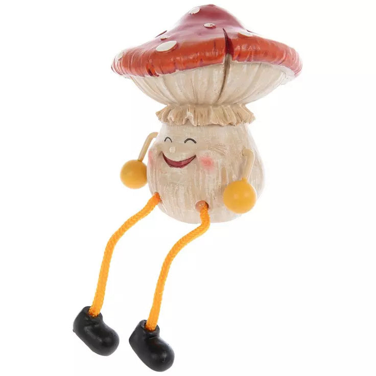 Fairy Garden Mushroom Shelf Sitter Set 2pc Whimsical Dangling Leg Figurines