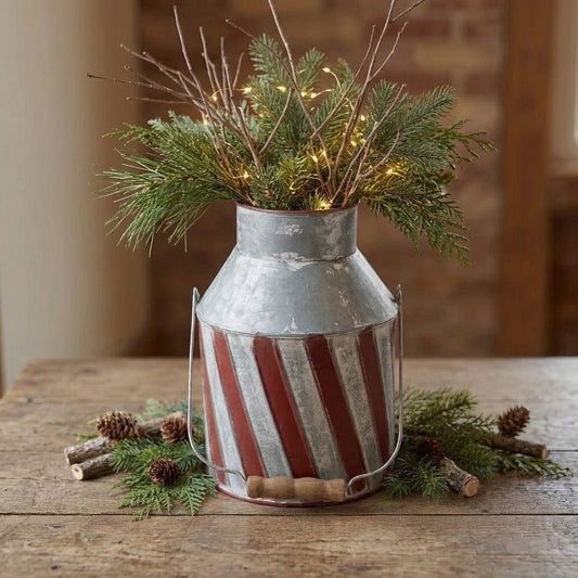 Rustic Galvanized Metal Candy Cane Milk Can 9.5" Vintage Christmas Holiday