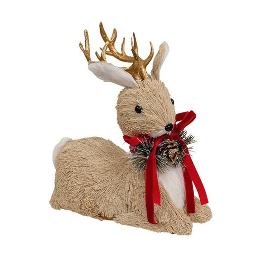 Festive Holiday 8" Sisal Reindeer Figurine with Golden Antlers and Red Bow