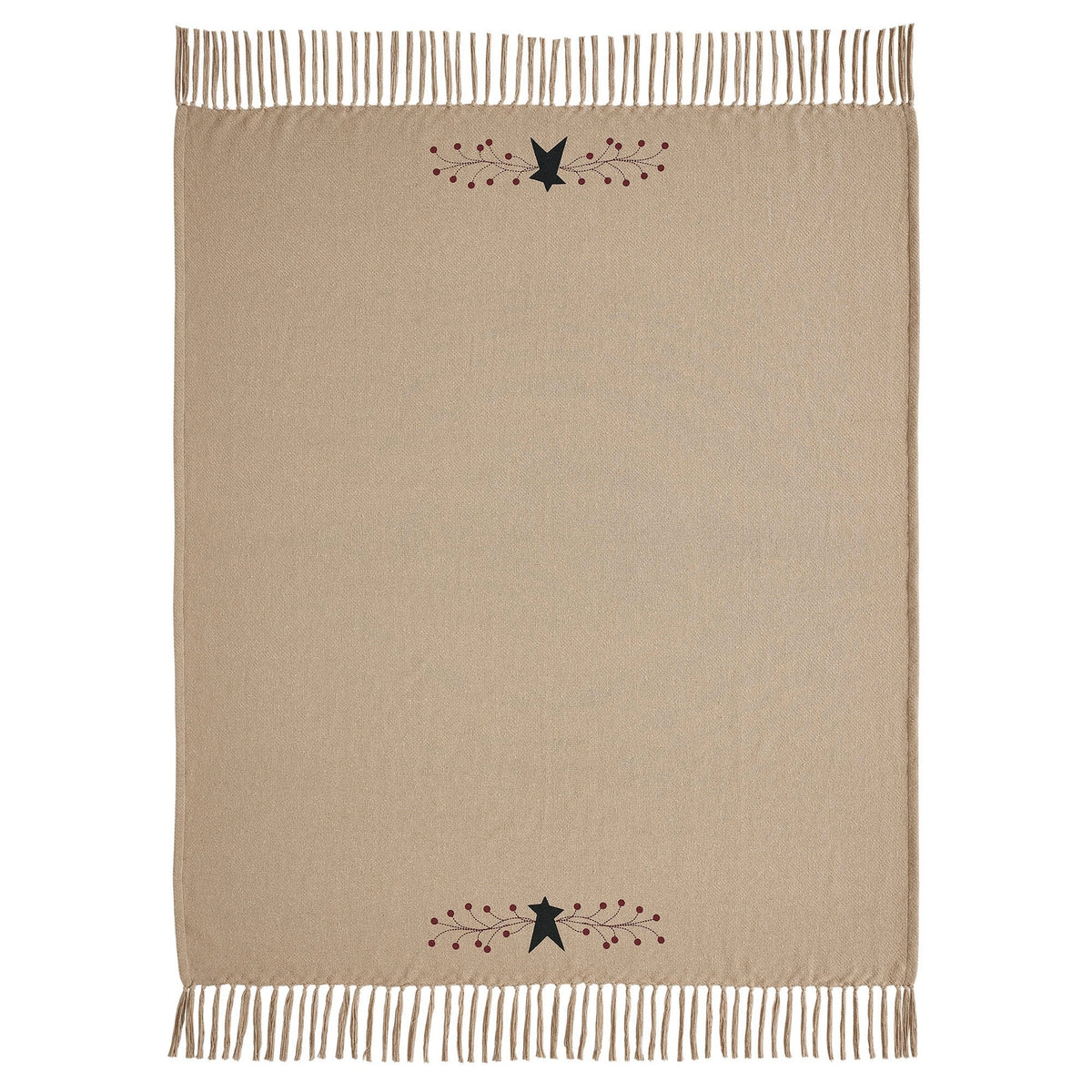 Primitive Pip Berry & Black Star Woven Fringed Tan Throw Blanket 50x60