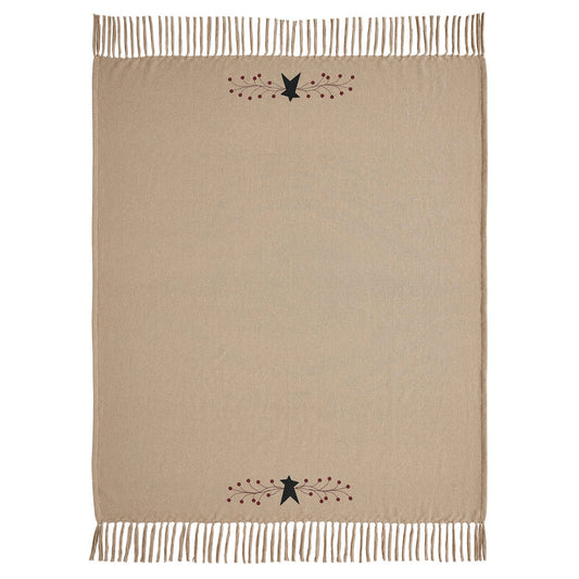 Primitive Pip Berry & Black Star Woven Fringed Tan Throw Blanket 50x60