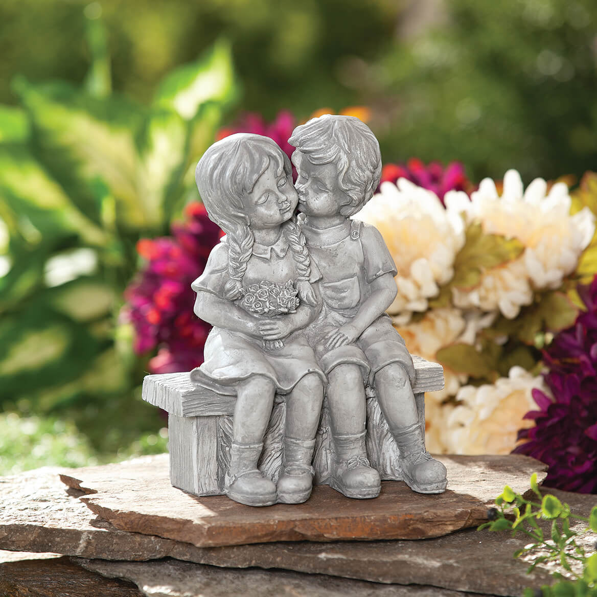 Old-Fashioned Girl and Boy Kissing on Garden Bench, Gray Resin Statuette Decor