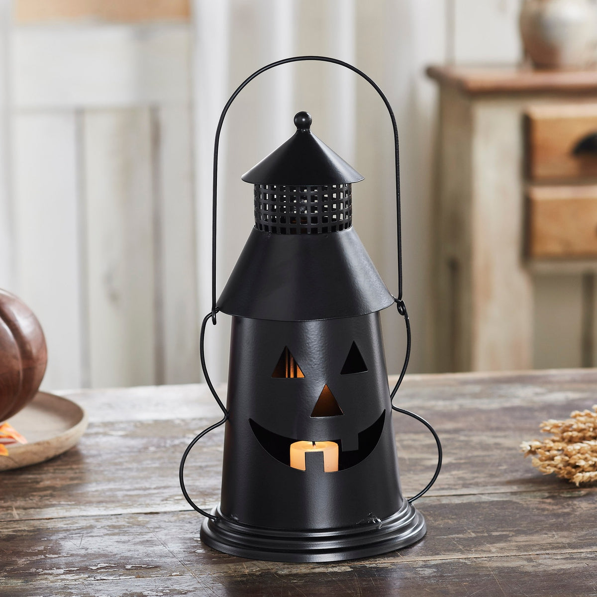 Black Metal Jack-o'-Lantern Halloween Tealight and Votive Candle Holder 12" – different angle