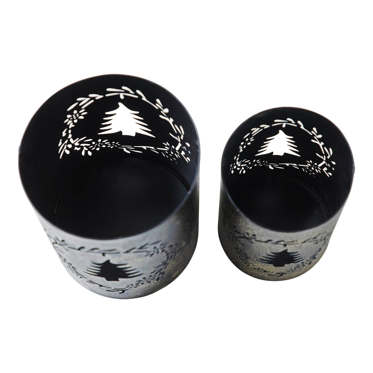 Shimmering Black Metal Christmas Tree Lanterns Woodland Wreath Candle Holder Set