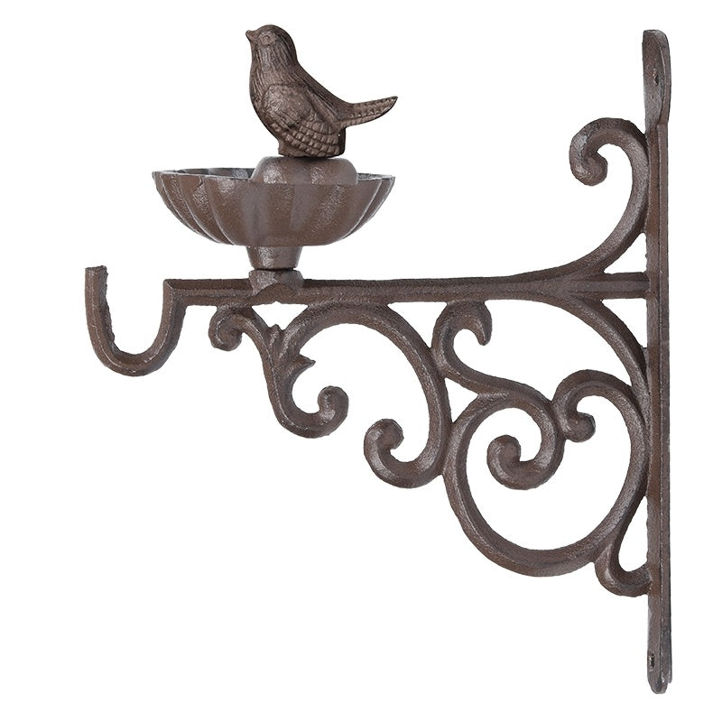 Antique Brown Cast Iron Bird Feeder Dish with Hook, Wall Mount Garden Bracket