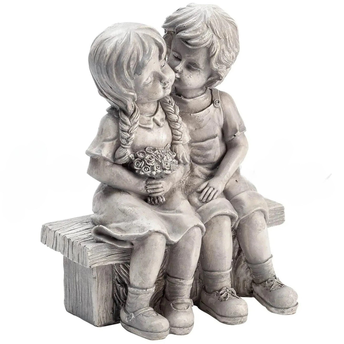 Old-Fashioned Girl and Boy Kissing on Garden Bench, Gray Resin Statuette Decor