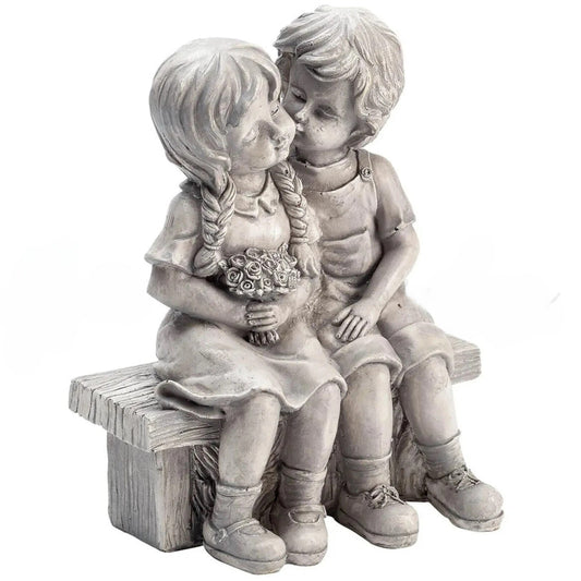 Old-Fashioned Girl and Boy Kissing on Garden Bench, Gray Resin Statuette Decor