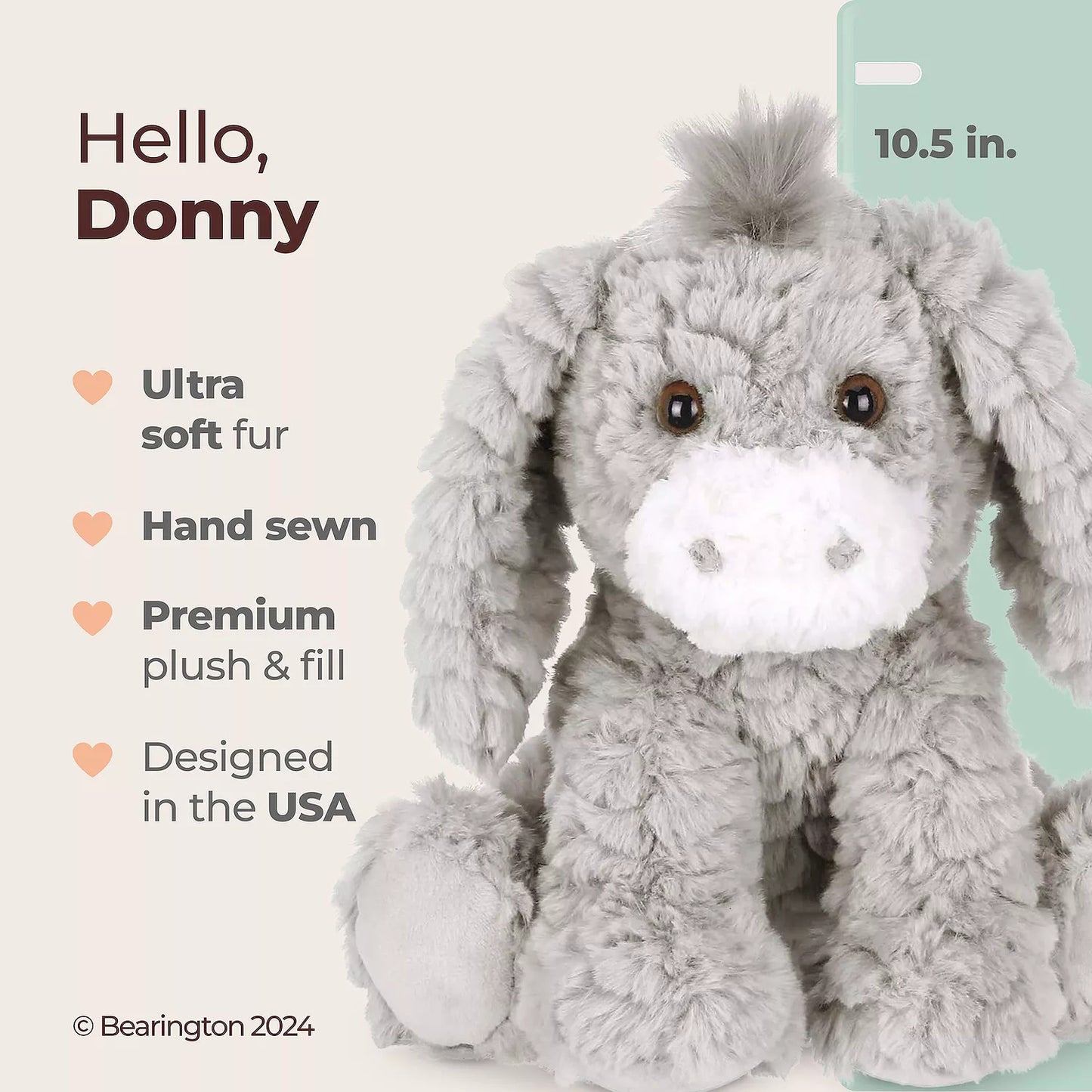Bearington Donny The Donkey Soft Cloud-Tuft Grey Plush Stuffed Animal - 10.5"