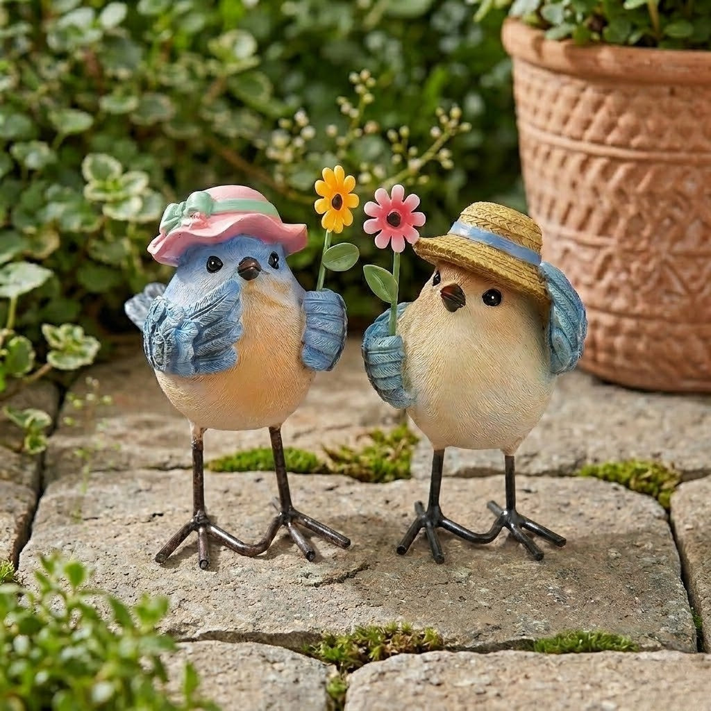 Miniature Colorful Spring 3" Resin and Metal Birds, Set of 2