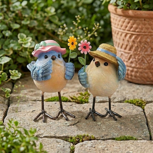 Miniature Colorful Spring 3" Resin and Metal Birds, Set of 2