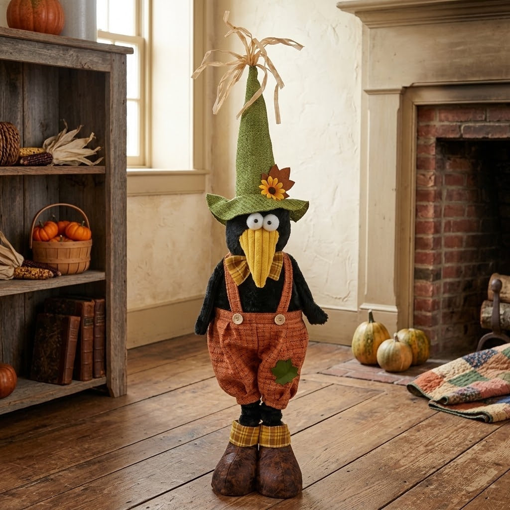 29" Primitive Tall Standing Crow Boy Figurine in Plaid Dress, Rustic Fall Decor