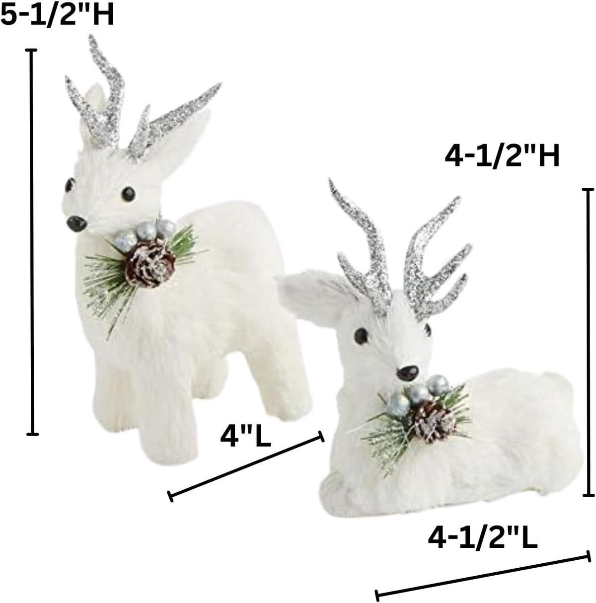 White Sisal Christmas Small Deer Set with Glitter Antlers, Holiday Shelf Decor