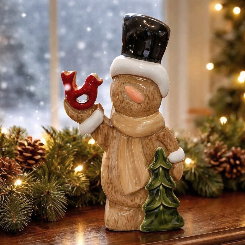 8" Rustic Carved Wood Look Snowman Figurine Holding Cardinal & Tree Winter Decor