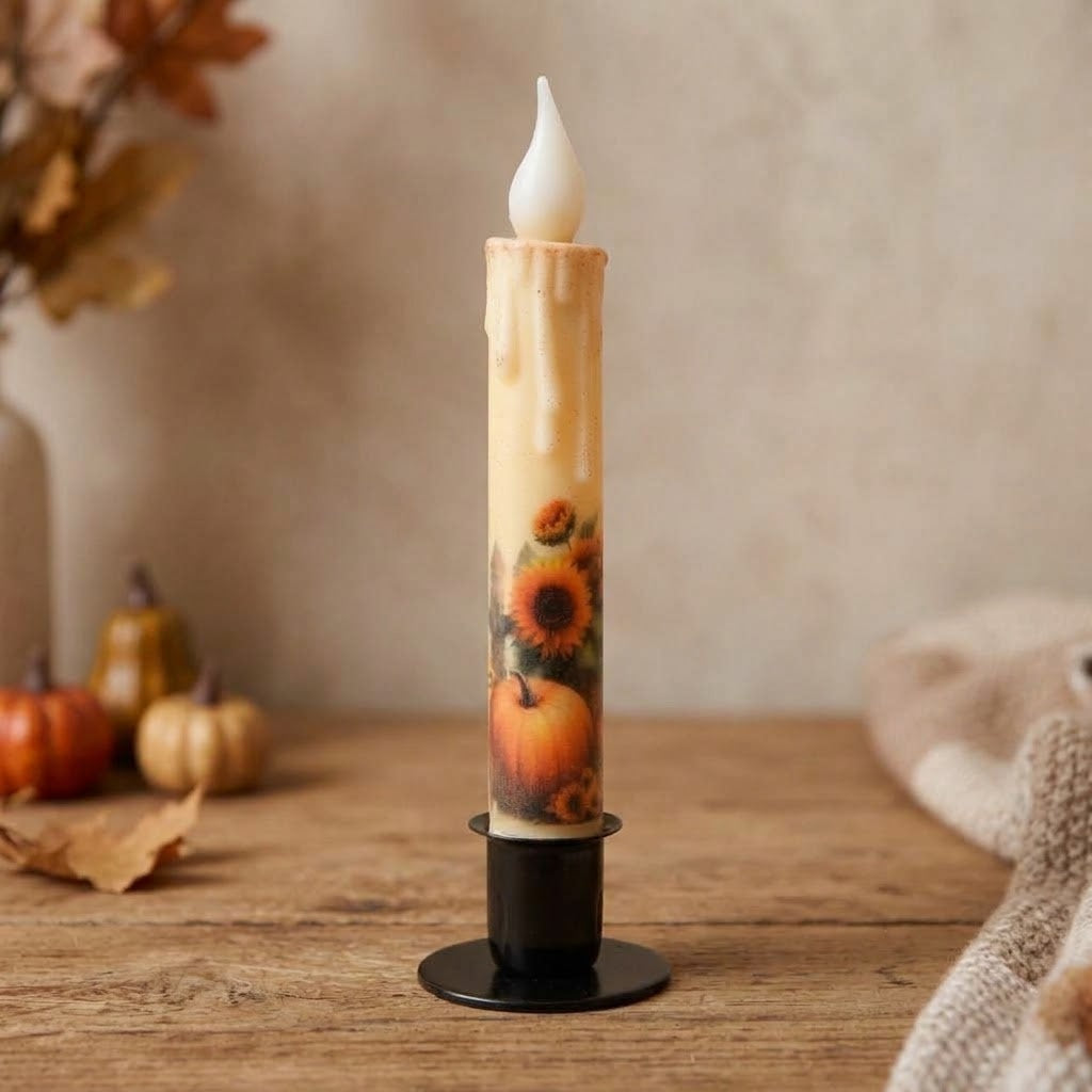 Sunflowers and Pumpkin Panorama 7" Led Timer Taper Candle and Black Holder Set
