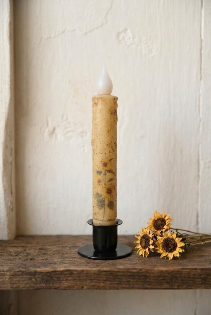 Sunflowers CInnamon/Clove Dusted 7" Led Timer Taper Candle and Black Holder Set