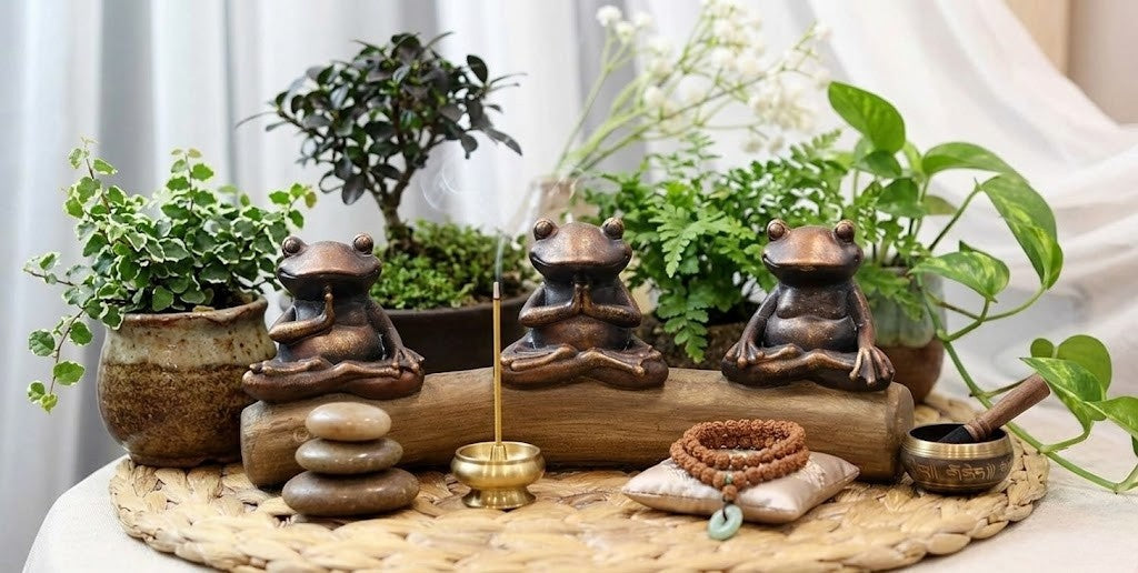 Meditating Buddha Yoga Frogs Sitting On Log Resin Statuette Home Decor, 10"