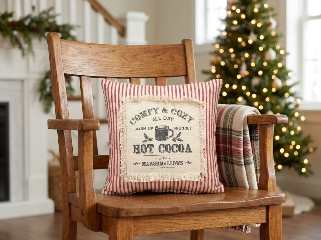 Red Ticking Stripe 10" Holiday Pillow, Comfy & Cozy Hot Cocoa and Marshmallows